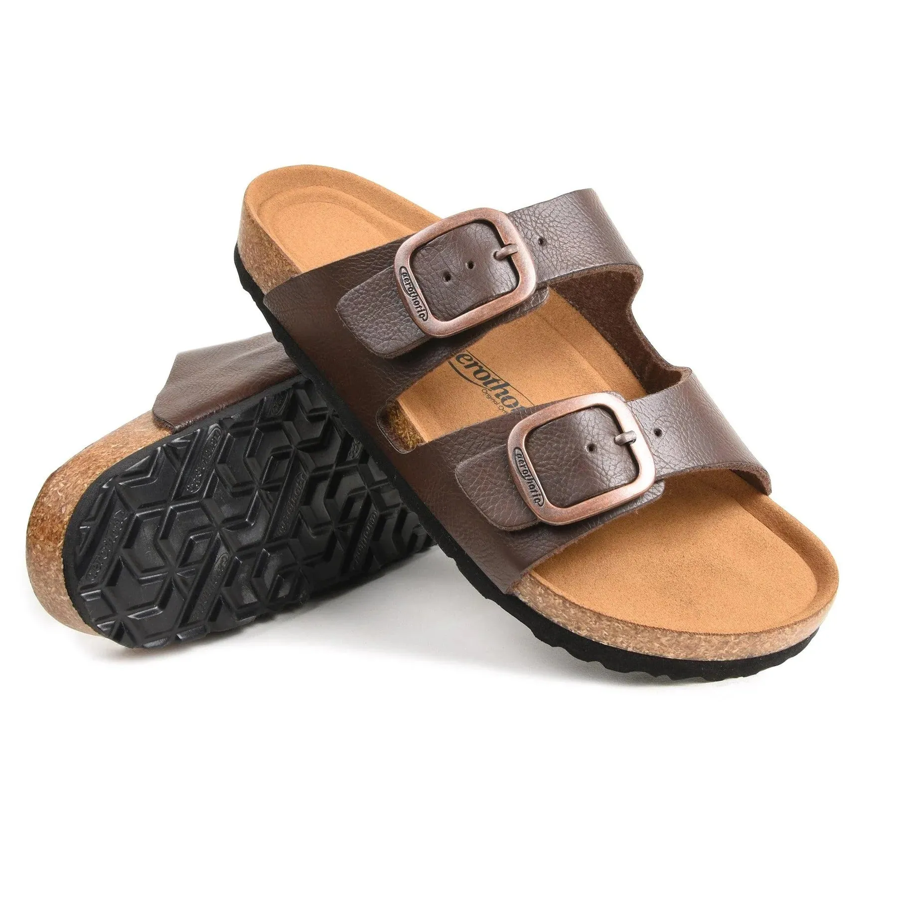 Aerothotic Arete Dual Strap Slide Sandals in Brown