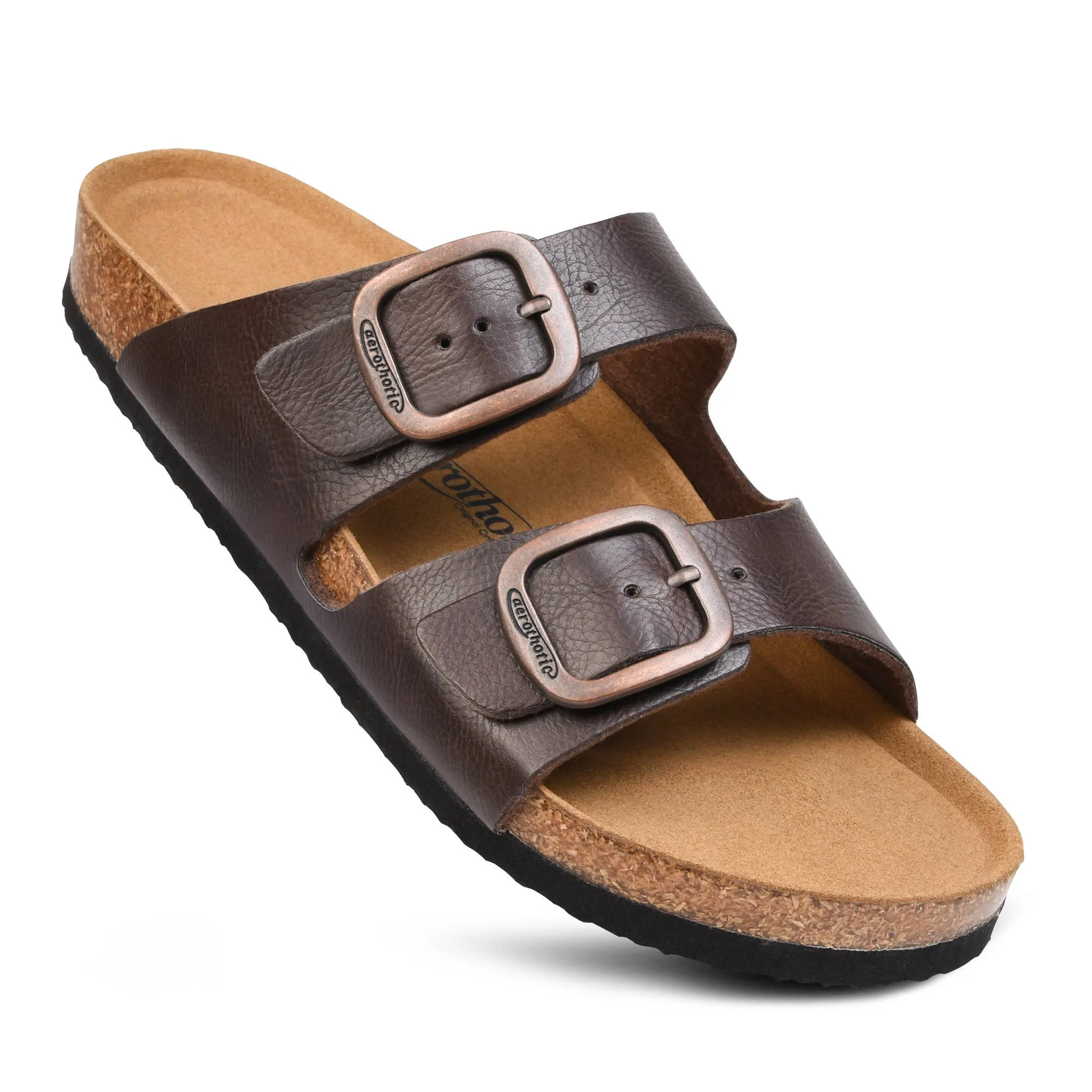 Aerothotic Arete Dual Strap Slide Sandals in Brown