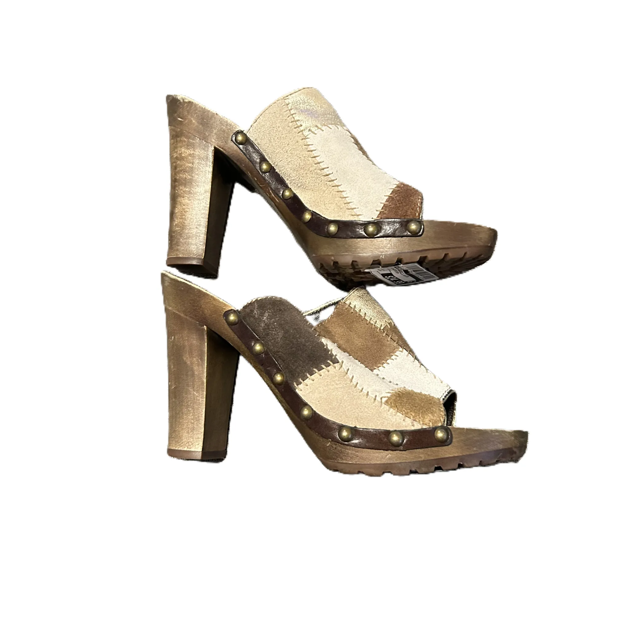 Brown & Cream Sandals Heels Block By Coach, Size: 8.5