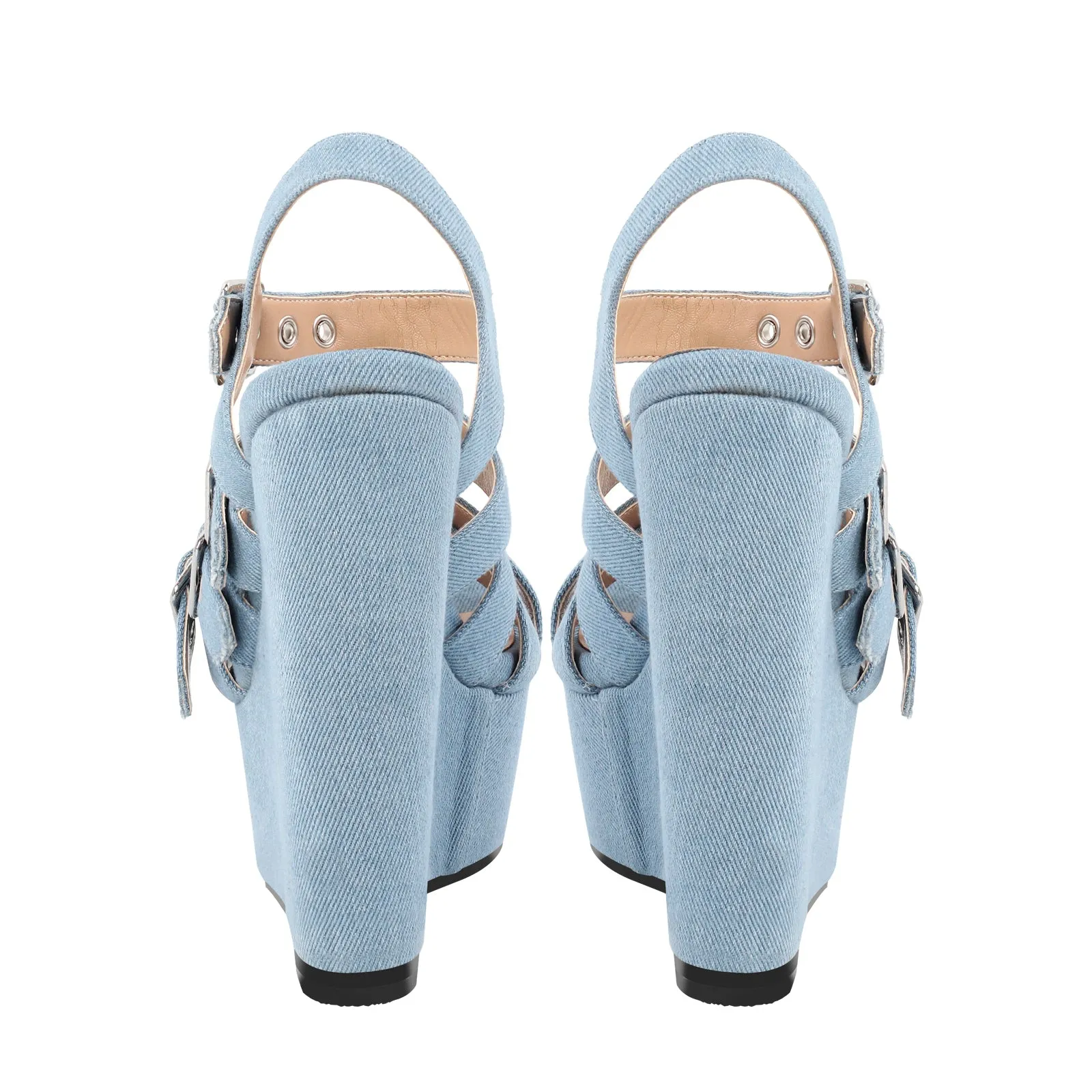 Denim Platform Wedge Heel Buckle Strap Sandals