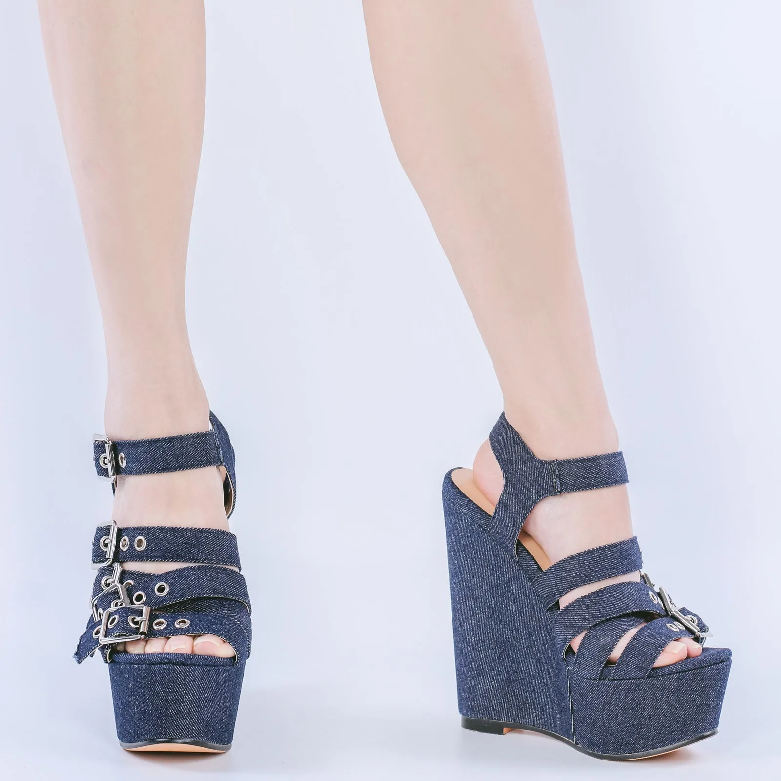 Denim Platform Wedge Heel Buckle Strap Sandals