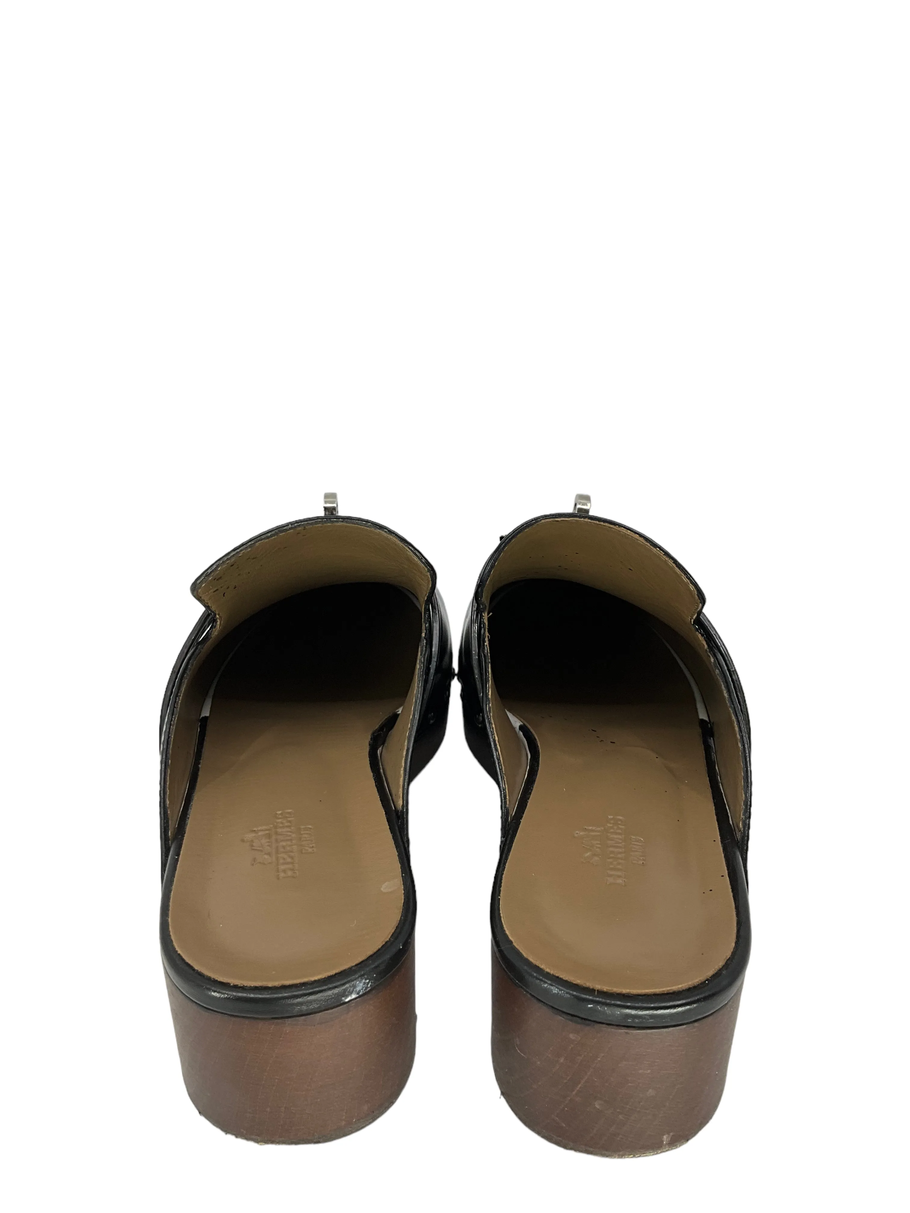 Hermes Black Leather Carlotta Clogs Size 7