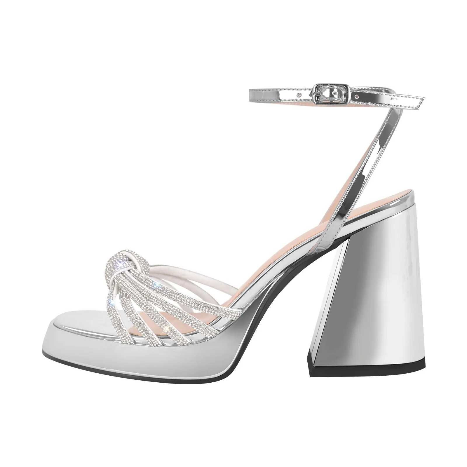 Metallic Chunky Heel Rhinestone Strap Sandals