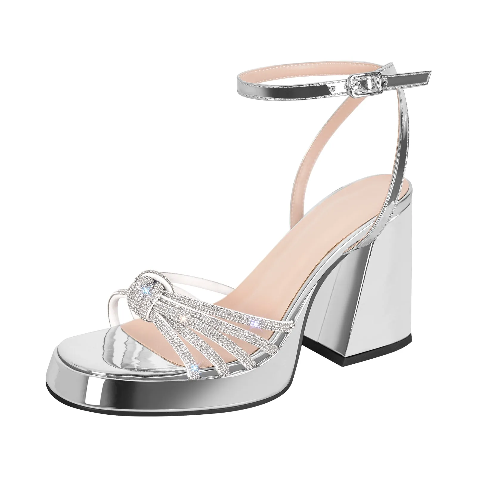 Metallic Chunky Heel Rhinestone Strap Sandals