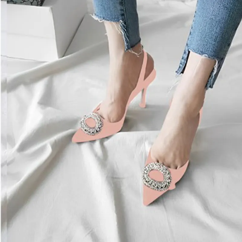 Rounded Rhinestone Short Heel Sandals