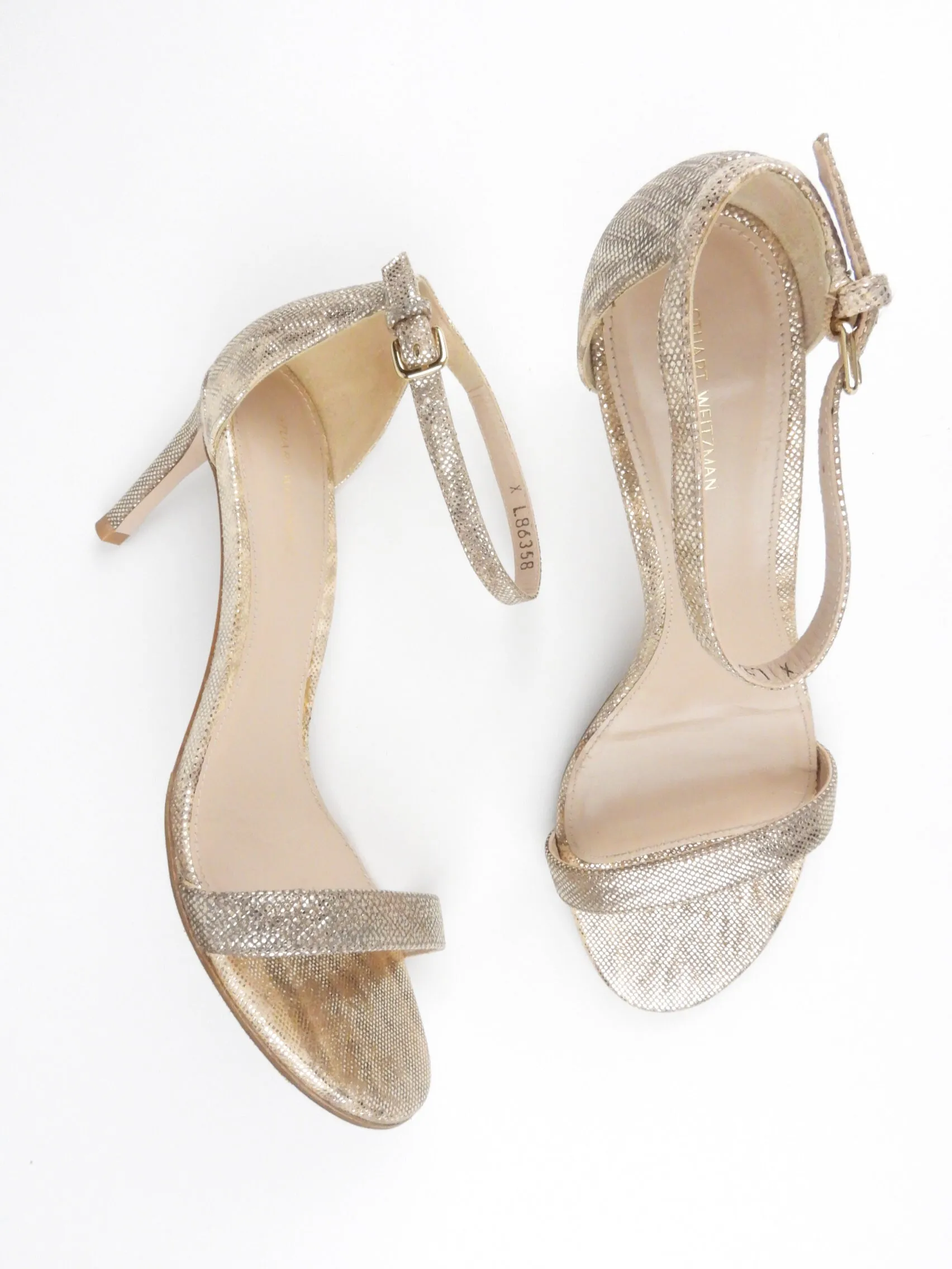 Stuart Weitzman Gold Metal Karung NuNaked Straight Stilletto Sandals - 8.5