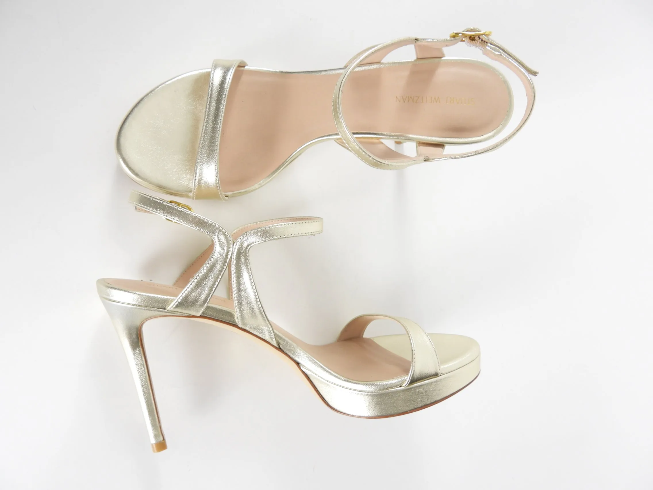 Stuart Weitzman Light Gold Metallic Leather Mariposa 80mm Platform Sandals - 8.5